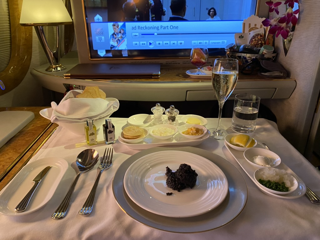Emirates First Class caviar and champagne service