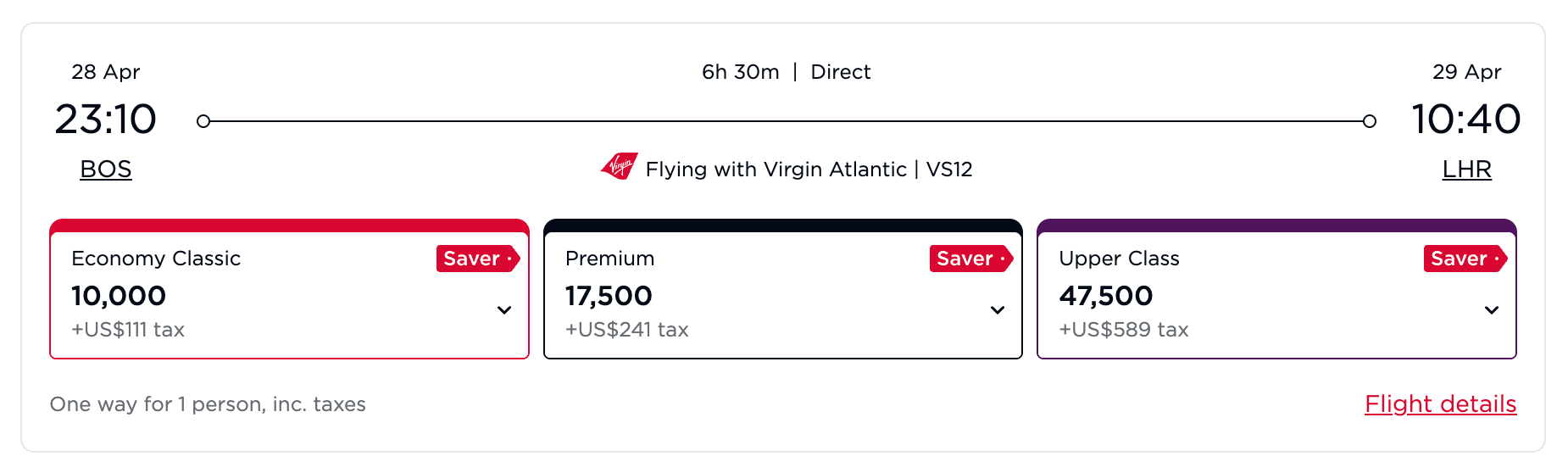 Virgin Atlantic booking screen showing Upper Class, Boston to London, for 47,500 points plus $589 tax