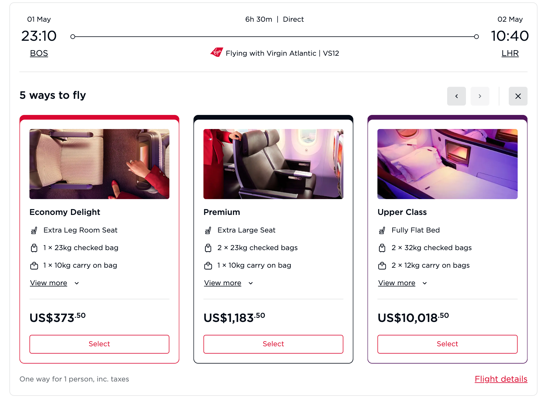 Virgin Atlantic booking screen showing the cash price for the same Upper Class seat at $10,018.50